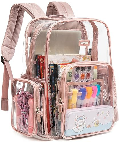 J.CARP Clear Bag Heavy Duty Backpack Durable Transparent See Through Bag (Large, Pink)