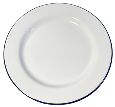 Thorness White 20cm Diameter Round Enamel Pie Dish with Navy Blue Edging | Tableware | Metal Outdoor Camping Roasting Oven Dishes | Traditional Classic Style