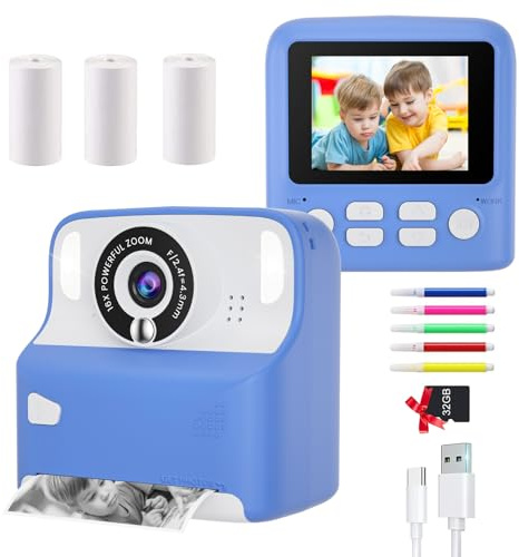 Pinguma Kids Camera Instant Print for Boys, Digital Camera with 3 Rolls Print Paper & 32G TF Card, Selfie Video Camera with Color Pens for DIY, Christmas Birthday Gift for 3-12 Years Old Kids