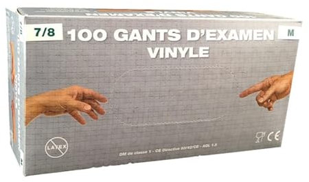 Gants en vinyle jetables poudrés - Lot de 100 - Taille : M (7/8) - Transparent - M (7/8)
