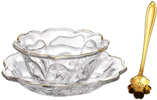 KKGUD Dessertschale aus Glas in Blumenform mit Untertasse und Löffel, 180 ml, Glasschale mit Goldrand