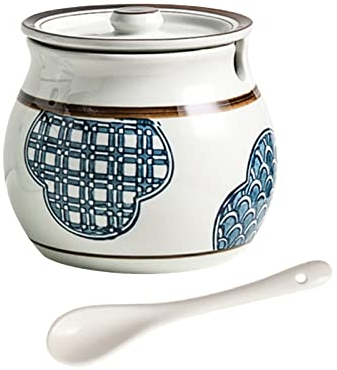 Lebensmittelkanister, Zuckerdose, Gewürzdosen, japanische Zuckerdose mit Deckel, 7,8 x 7 x 9 cm, Vorratsdose, handbemalter Porzellan-Zuckertopf, Salztopf, for Kaffeebar, Restaurant, Blau, 7,8 x 7 x 9