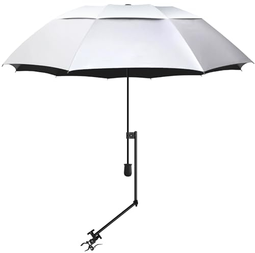 XLINGZA Sonnenschirm mit LSF 50+, mit verstellbarer Universalklemme, tragbarer Golfschirm für Stuhl, Golfwagen, Kinderwagen, Bleicher, Terrasse, Angeln, Grillpartys (DM/XXL T Silber)
