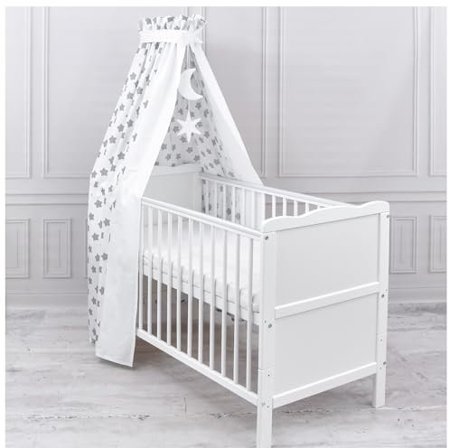 Generisch Baby Delux Babybett Himmel Betthimmel Baumwolle Baldachin für Babybett Kinderbett Wiege Stubenwagen Himmelstange Sterne Mond Applikationen Deko (Big Stars White, mit Himmelstange)