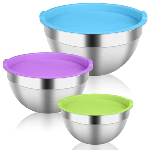 Mixing Bowl Set of 3 Nesting Salad Bowls Stainless Steel Round Mixing Bowls with Airtight Lids Metal Serving Bowl for Baking, Cooking, Prepping, Food Storage