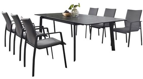 Gartenmöbel Set VERANO, schwarz/anthrazit - mit 6 Stühlen und ausziehbarem Gartentisch, Aluminium und wetterfeste Textilene, stapelbar, strapazierfähig, Outdoor-Möbel, Balkonmöbel, Terrassenmöbel