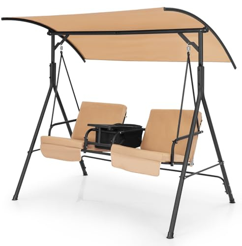 COSTWAY Balancin Jardin Exterior de 2 Personas, Bolsa Térmica, Columpio de Jardín con Toldo Ajustable y Cojines Extraíbles, Balancin de Jardin Balcón Patio, 181 x 124 x 161,5 cm (Marrón)