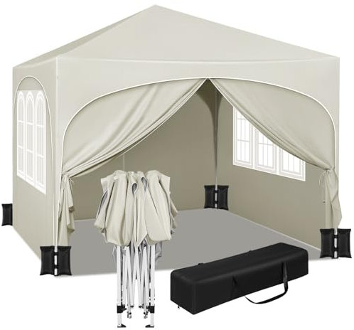 WOLTU Pavillon mit 4 Seitenteilen 4 Sandsäcke, Faltpavillon mit Halbmonddach Tragetasche, Gartenpavillon wasserfest stabil UV-Schutz, Partyzelt Outdoor höhenverstellbar, Beige