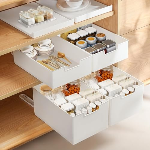champracer Teleskopschublade, 3er-Pack Ausziehbare Schrank Organizer Küchenschränke, 3 Größen Kunststoffe Organizer Schubladen Aufbewahrungsregale, Ohne Bohren Multifunktional Schublade