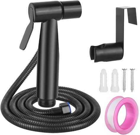 DMJJSD® Set per bidet doccetta per WC in acciaio inox con tubo e supporto da 40 pollici, pressione regolabile, set spray per WC (nero)