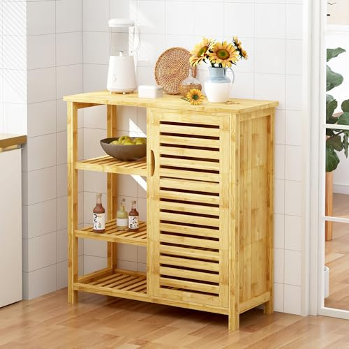 SogesPower Beistellschrank Badezimmerschrank mit Tür und Regalen, Freistehender Bambusschrank mit Lamellentür, 3-stufiger Aufbewahrungsschrank für Küche, Wohnzimmer und Badezimmer