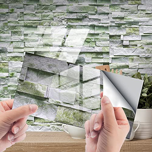 Fliesenaufkleber Grüner Stein Selbstklebende Klebefliesen, Wandfliesen Aufkleber,Wasserdicht Fliesensticker Fur Kuche Badezimmer Dekorative Stickerfliesen,Wohnzimmer Dekoration