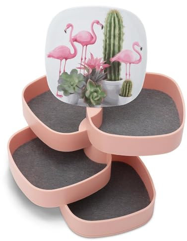 EKYOSHCZ Jewelry Organizers Flamingo Succulent Plants Rotatable Jewelry Boxes 4-Layer Earring Holder for Women Travel Jewelry Case Organizer Tray for Rings Bracelets Necklaces Earrings Gifts