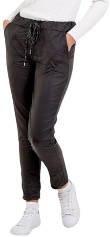 STAR FASHION Women's Wet Leather Look Italian Joggers Sweatpants Elastic Waist Active Yoga Pants Turn Up Faux Leather Magic Pants Jogging Bottoms Ladies Casual Jogger Hoop Trouser Black-12-14