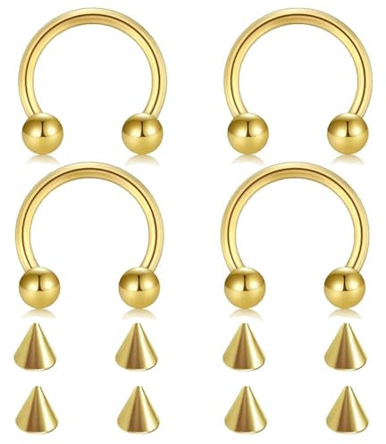 Tolldek Edelstahl Nasenringe zum Anstecken 4pcs, 1.2mm U Hufeisen Barbell Kegel Ersatz Nasenpiercing Ring Dünn Gold, Piercing Ringe, Lippen Ohr Nasen Piercing Schmuck Set für Frauen