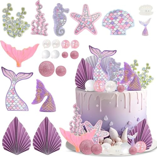 Valicaer Meerjungfrau Tortendeko, 22Pcs Meerjungfrau Kuchen Dekoration Mädchen Geburtstag Deko Unterwasser Ozean Tortendeko Kugeln Cake Topper Glitzer Rosa Lila Ballons Palmblatt Fächer Party Supplies