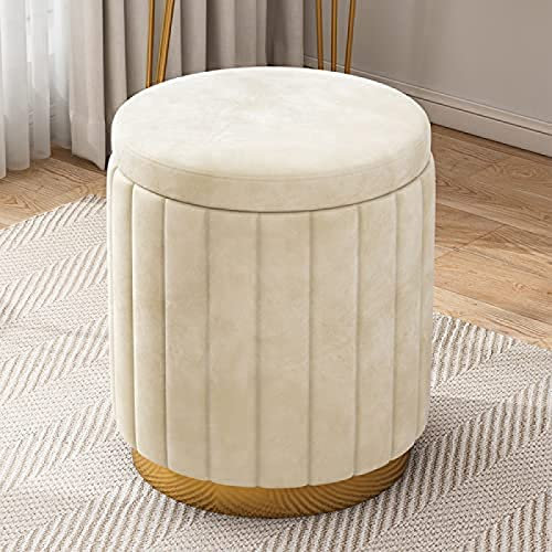 Ottomane aus Samt mit Stauraum und goldfarbenem Sockel, großes Fassungsvermögen, Schminkhocker, Stuhl für Schlafzimmer oder Wohnzimmer, Beige, gepolstert, weiche Fußstütze, Hocker, 34 x 34 x 45 cm