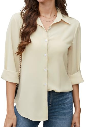 Stamain Blusas Beige Mujer Casual Camisas Gasa Cuello de Pico Elegante Botones Blusa Oficina Boda de Vestir Informal S