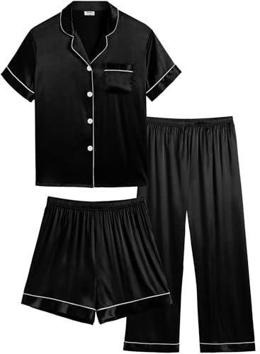 SWOMOG Girls Silk Pyjamas for Kids Satin Nightwear 3 Piece Button-Down PJs Print Short Sleeve Sleepwear with Long Pants