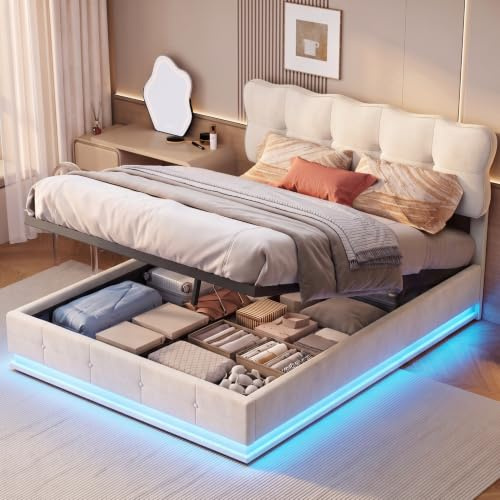BPKADHY Polsterbett 160x200 mit LED-Beleuchtung, Bett mit Hydraulisch Stauraum und Lattenrost, Jugendbett Doppelbett Bettgestell mit Verstellbares Kopfteil, Samt, Beige