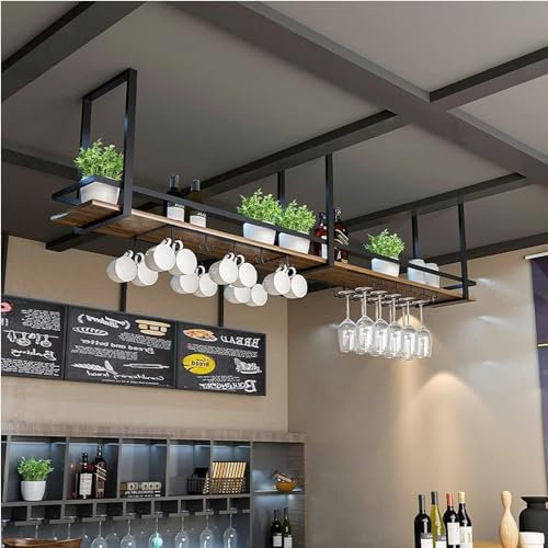 Supporto per piante sospese - Portabottiglie da soffitto, Portabicchieri da vino sospeso a soffitto, Espositore da bar ristorante, Ripiani portaoggetti in legno massello di ferro retrò, Ripiani