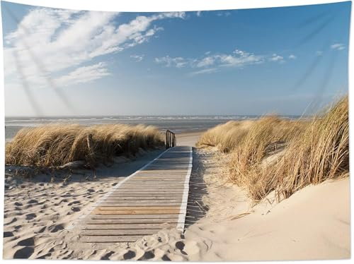 Wandteppich Strand Sand 150x200 cm Wandteppiche Uferpromenade Gras 3d Druck Wandbehang XL Tapisserie Wandtuch für Wohnzimmer Schlafzimmer Wohnheim Wanddeko a-604