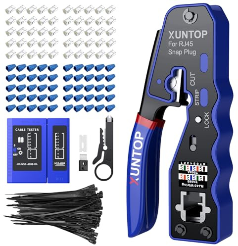 XUNTOP Crimpadora RJ45 Herramienta de Crimpado con Probador de Cable para Cat5 Cat5e Cat6 Cat6a Ethernet Comprobador de Cable de Red con 50 RJ45 Cat6 Cabezas de Cristal de Paso y 50 Fundas Azules