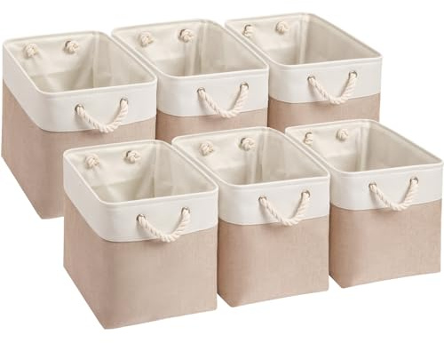 SOCOHOME Scatole portaoggetti cubiche in tessuto, 30 x 30 x 30 cm, cesto portaoggetti per organizzare vestiti, mensole, armadio della cameretta (kaki chiaro/bianco, set da 6)