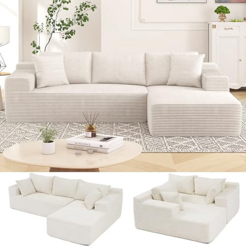 Verano Garden 107 Cloud Sectional Couch, Modular Sectional Sofa with L-Shaped Chaise, Deep Seat Couch with Memory Foam, Corduroy Boneless Sofa, No Assembly Required (Cream White, Right Facing Chaise)