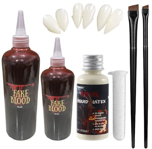 Kit Maquillage Halloween Effets Spéciaux, Kit Faux Sang Halloween, Dent de Vampire, Plaie Makeup pour Vampire, Effet réaliste, Adapté au Zombie, Vampire, Cosplay, Maquillage de Clown de Théâtre