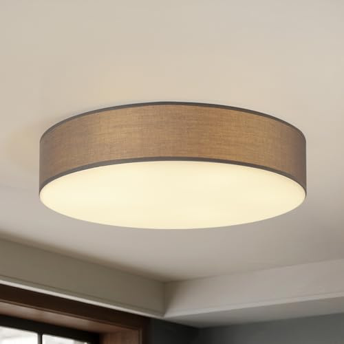 CALOKES Deckenlampe Stoff Grau-Beige Ø50cm – Flache Deckenleuchte mit 6x E27 Fassungen, Dimmbar – Runde Deckenlampe für Wohnzimmerlampe Schlafzimmerlampe Kinderzimmerlampe Küchenlampe Flurlampe