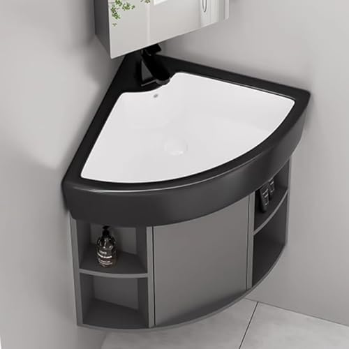 Eckwaschbecken fürs Badezimmer – Wandmontierter Keramikwaschtisch für kleine Räume, 16,5 Zoll großes schwebendes Waschbecken mit Aufbewahrungsschrank, ideal für die Badezimmerrenovierung und