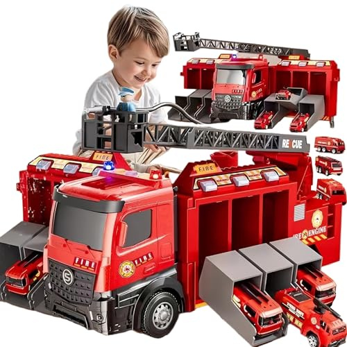 Großer Feuerwehr Truck Spielzeug mit Licht & Sound – Playful Heroes Rettungsfahrzeug Set mit 6 Mini Autos & ausfahrbarer Leiter – Rollenspiel Geschenk für Jungen/Mädchen ab 3 4 5 6 Jahren (Rot)