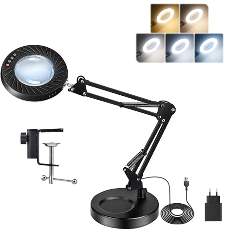 12X Lupa con Luz y Soporte & Brazos Articulados, Adaptador 2A incluido, 5 Modos de Color 9 Brillo, Lupa de Trabajo Luz LED para Trabajos de Precision Modelismo Pintura de Miniaturas Lectura, Negro
