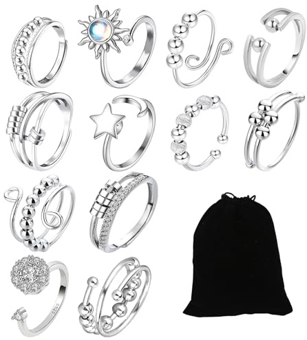 Rbleote 12 Pezzi Di Anello Antistress Donna Regolabili Anello Antistress Anxiety Ring Per Alleviare La Pressione Unisex Con Sacchetto Di Velluto Nero