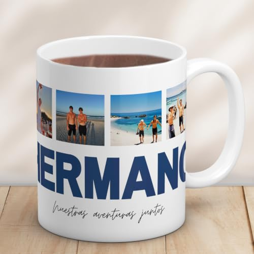 Cristal Plaque Taza Cerámica Personalizada para Hermano con 4 Fotos y Mensaje “HERMANO” | Acabado Premium, Asa Ergonómica | Regalo Cumpleaños o Celebraciones Especiales