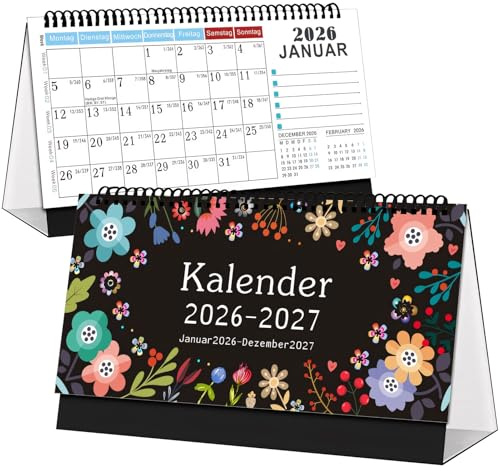 Calendrier de table 2026 et 2027 paysage, 2 ans, 24 pages, calendrier sur pied 25 x 15 cm, calendrier de bureau avec planificateur hebdomadaire, calendrier de table 2026, calendrier transversal