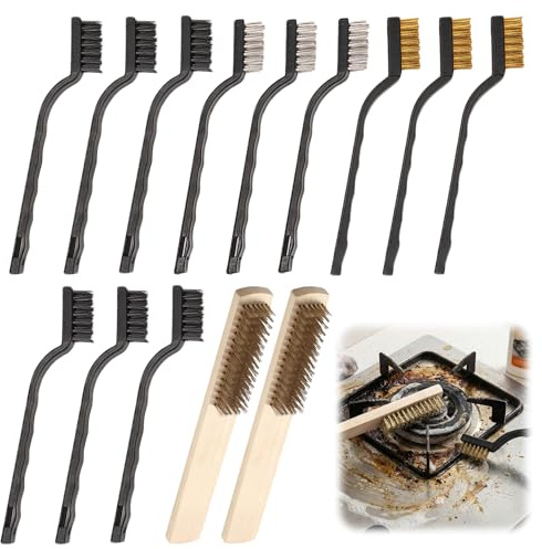 14 Pcs Small Brass Brushes Set, Metal Rust Remover Brushes | Handy Steel Nylon Brass Brush Set Wooden Handles Wire Brush for Cleaning Masonry Stove Sink Dust