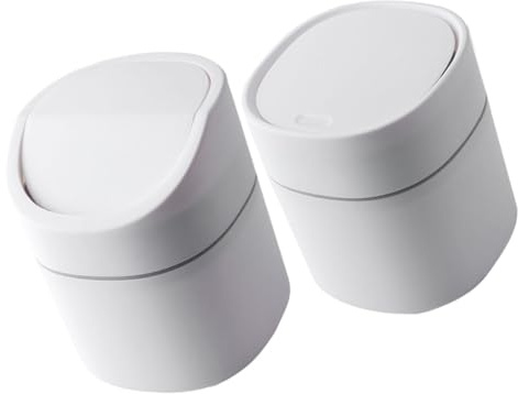 iplusmile Lot de 2 Petites Poubelles de Bureau Blanches en Plastique avec Couvercle Rabattable, Mini Corbeilles de Table Cuisine, Bureau et Salon, Poubelles Intérieures Pratiques