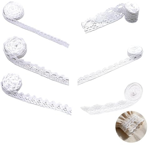 6 Rollen Spitzenband Weiß Vintage Baumwolle Set 30 Meter Gesamt Assortierte Breiten Spitzenborte zum Nähen Basteln Hochzeit Deko Geschenkverpackung Häkelspitze Bordüre Stoff Zierband Retro Style