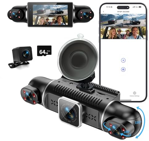 4 Kanal Dashcam Auto Vorne Hinten 4K/1080P,360° Dasch-Cam Auto mit 64GB SD-Karte,3 IPS-Bildschirm,4X 140° Weitwinkel,WDR Nachtsicht (8 IR-LEDs),G-Sensor,Dashcam mit parküberwachung,Loop-Aufnahme,WiFi