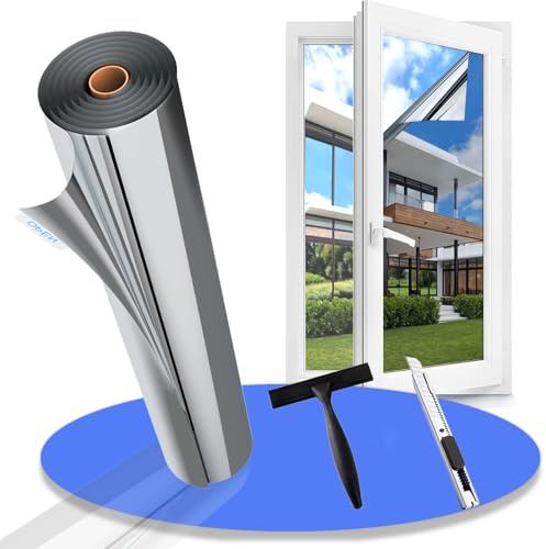 Gufoltie Hitzeschutzfolie Fenster außen & innen Sonnenschutzfolie Fenster UV Folie Spiegelfolie Fenster Sichtschutz Fensterfolie Hitzeschutz Thermofolie gegen Hitze Selbstklebende Silber 90x400cm