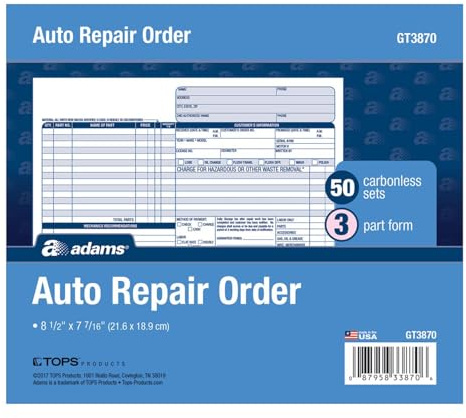 Adams Auto Repair Order Forms, 8.5 x 7.44 Inch, 3-Part, Carbonless, 50-Pack, White and Canary (GT3870)