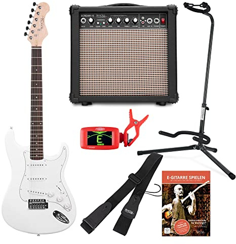 Rocktile Sphere Classic White E-Gitarre Set (E-Gitarre in ST-Design mit 3 Tonabnehmer und Tremolo, inklusive Verstärker, Ständer, Stimmgerät, Gurt und Gitarrenkabel) Weiß