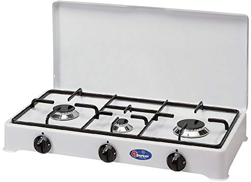 Altigasi Prime - Hornillo de mesa Parker blanco con tres 3 fuegos, alimentación GLP en bombonas con válvulas de seguridad para uso interior 5328GPS