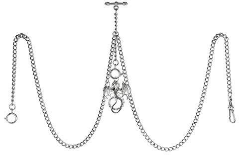 TREEWETO Taschenuhrkette mit T Bar Endstück Gesamtlänge 72cm Doppel Albert T-Bar Taschenuhr Kette mit Antiker Drache-Anhänger und 3 Haken für Weste Knopfloch