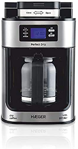 HAEGER Drip - Cafetera de Goteo automática con Molinillo, 1050W, Capacidad: 1,2L - Plato calentado para Mantener Caliente, Capacidad de Molino: 60g, Pantalla LCD, Temporizador de 24 Horas