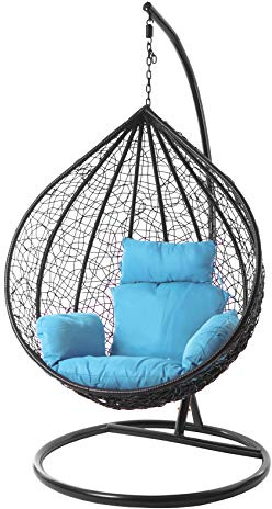 KIDEO Komplettset: großer Hängesessel mit Gestell & Kissen, Korbsessel, Poly-Rattan (Korb & Gestell: schwarz, Kissen: hellblau Nest (5050 Sky Blue))