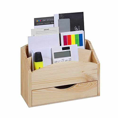 LOCALIS Schreibtisch Organizer, Briefablage | mit Schublade | Kiefernholz | 2 Fächer, herausnehmbare Trennwand | Dokumentenablage, Postablage | 25 x 10 x 20 cm (LxBxH)