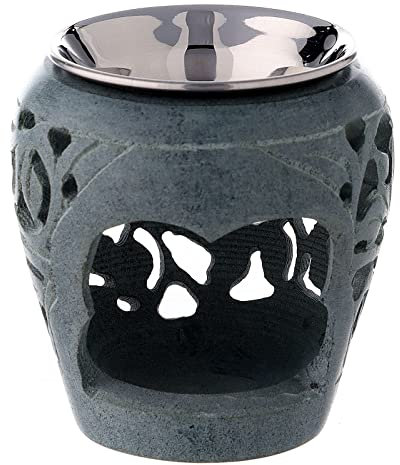 Holyart Weihrauchbrenner aus dunklem Speckstein mit Lochungen, 8 cm